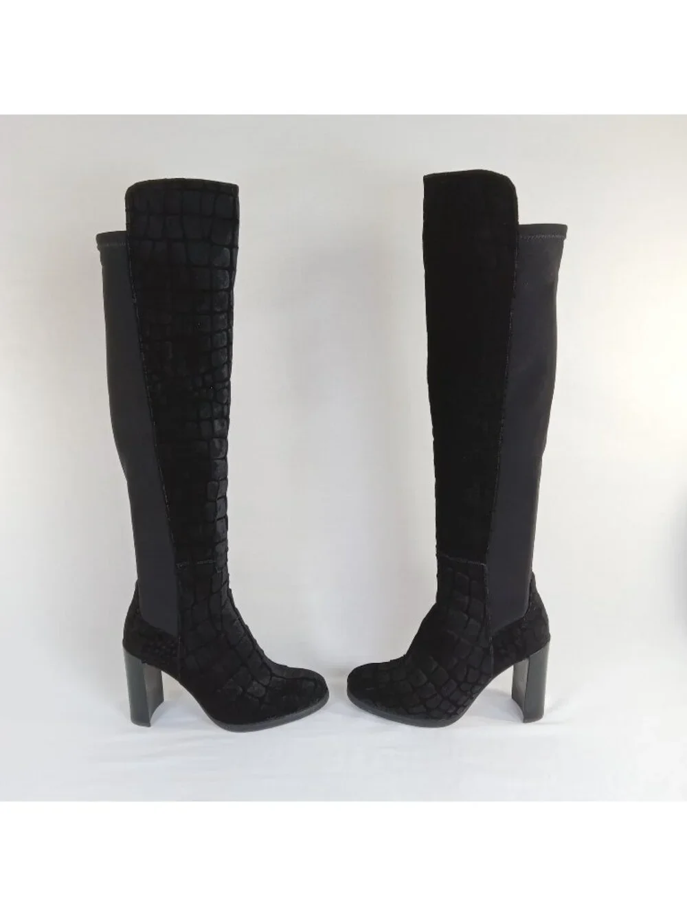 Stuart Weitzman Black Velvet Embossed Over Knee Block Heel Stretch Boots SIZE 6